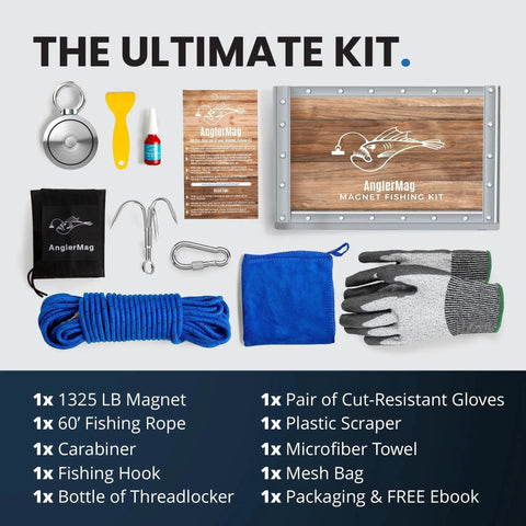 1325 Lb Double Sided Magnet Fishing Kit With Rope Gloves Carabiner Hook 10 Piece laid out with all components visible
