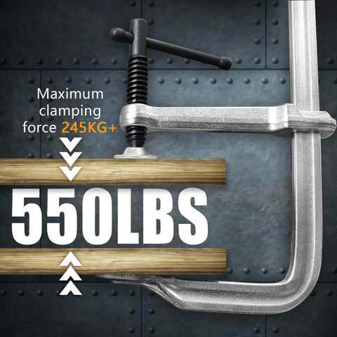 Close-up of a single clamp from a set of 4 12 Inch Heavy Duty F Clamps for Welding Woodworking and Metalworking with 550 LB Load Capacity and 3 Inch Throat Depth All Steel Construction High Strength Clamps for Pro or DIY Projects, focusing on the clamp's screw and pressure symbol.