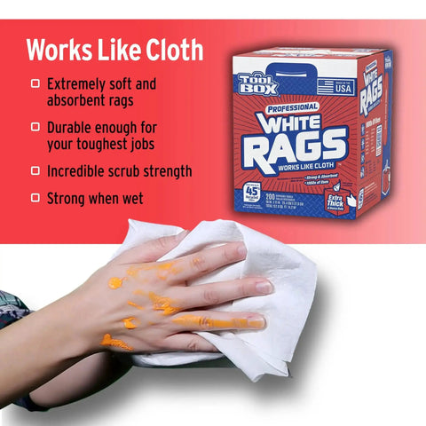 Hand cleaning with Professional White Rags Center Pull Box 200 Sheets 11 X 10 Inches Made In USA Ultra Absorbent for multiple uses