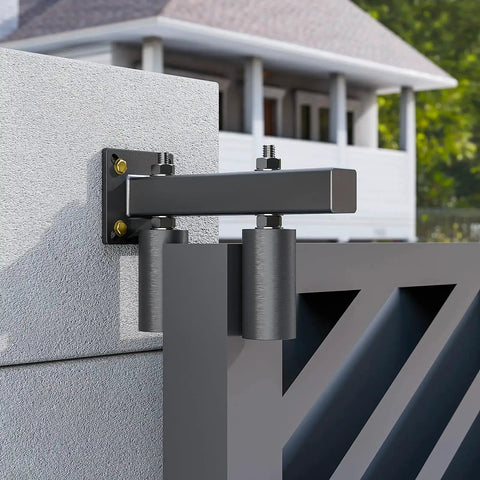 Adjustable 3 Inch Slide Gate Guide Roller System with rust proof heavy duty steel gate support, installed on a concrete wall.