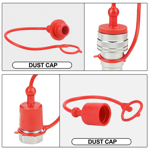 Dust cap for 1/2 inch ISO 5675 hydraulic quick-connect, red plastic with tether

Red plastic dust cap installed on a silver ISO 5675 hydraulic quick-connect coupler

Close-up of red dust cap on top of a hydraulic quick-connect with tether

Red plastic dust cap detached from the connector, showing hollow interior and tether