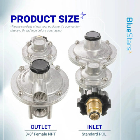 Two Stage Propane Regulator With POL Connection For RVs And Campers, three eighths inch female flare fitting, inlet standard POL