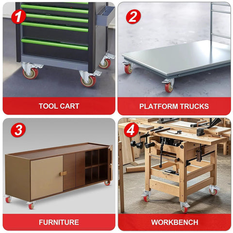 4 Inch Heavy Duty Swivel Caster Wheels With Brakes Set on various furniture and equipment, including tool cart and workbench.