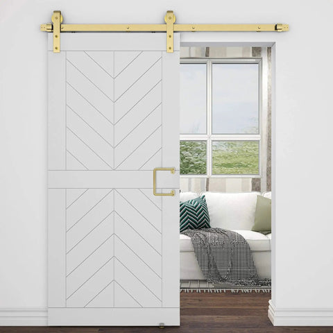 Troy Pull Handle N700-105 For Interior Sliding Barn Doors 8 Inch Brushed Gold Finish installed on white barn door