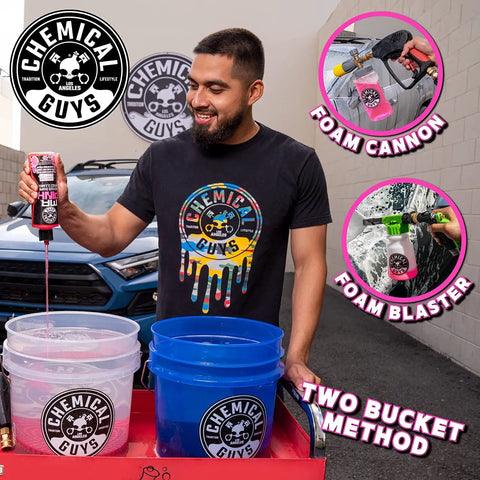 Person using Mr Pink Foaming Car Wash Soap for Foam Cannons and Buckets, Safe for Cars Trucks Motorcycles RVs, Candy Scent, 473 ml by Chemical Guys with two buckets.