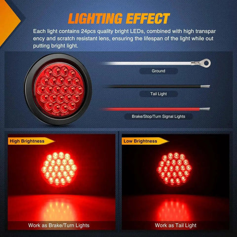 Badass 4 Inch Round LED Trailer Tail Lights Set of 4 lighting effect demonstration with high brightness red LEDs.