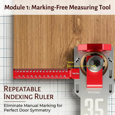 Close-up of 35mm Concealed Hinge Jig System for Cabinets with indexing ruler and wood panel for precise drilling.