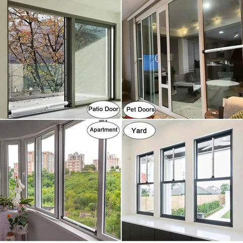 Adjustable Sliding Door Security Bar 17.5 To 50 Inches in various door and window settings, ideal for patio, pet doors, apartment, yard use.