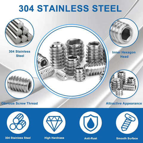 Metric And SAE Set Screw Assortment Kit With 304 Stainless Steel Internal Hex Allen Grub Screws for bathroom fixtures and door handles