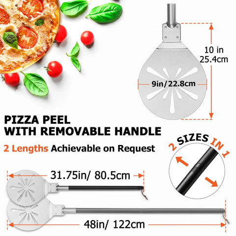 Infographic showcasing 9 Inch Perforated Pizza Peel Turning Paddle With Extra Long Detachable Handle For Rotating Sliding Pizza Heavy Gauge Stainless Steel Spatula Oven Safe Easy Cleanup For Home Chefs Joyfair, detailing sizes and features.