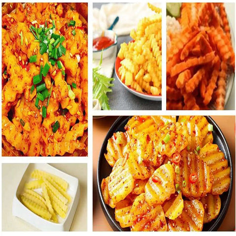 Cooked crinkle-cut potatoes and carrots served in various dishes, prepared using Stainless Steel Crinkle Cutter Set For Veggies And Cheese 2 Wavy Cutters And 2 Straight Cutters Multi Functional Kitchen Slicers With Non Slip Blades Ideal For Potatoes Carrots Chips And Cheese Snacks Multicolor Pro Grade For Home Cooks And Party Snacks.