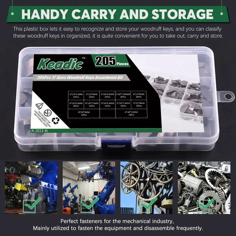 205 Piece Woodruff Key Set With 12 Sizes Half Moon Semicircle Keys Carbon Steel Crank Shaft Keyway Pulley Hardware Kit in box