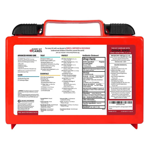 OSHA And ANSI Compliant First Aid Kit For 50 People, 250 Pieces, compact red medical supply case with handle.
