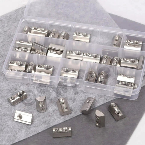 Heavy Duty 4040 Series T Slot Nuts Kit With Carbon Steel Nickel Plated Roll In Spring Nuts M4 M5 M6 M8 48Pcs Assortment in box