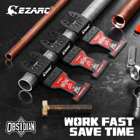 Obsidian Carbide Oscillating Saw Blades With TiCN Coating For Hard Metal Nails Bolts And Screws Quick Release Multi Tool Blades 3 Pack Built For Fast Clean Cutting And Long Lasting Performance EZARC displayed next to metal pipes and screws.