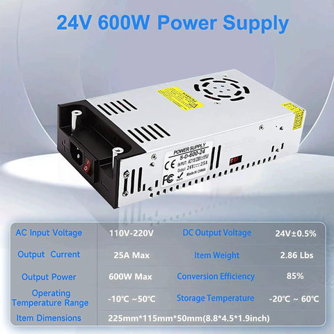 24V 25A 600W Power Supply Converter from Universal AC110 220V Input to Regulated DC24V for LED Strips CCTV Cameras Radios and RVs