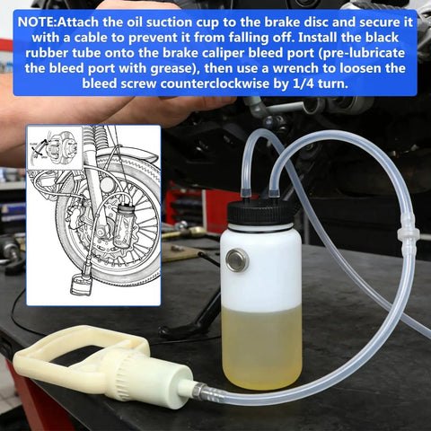 BELEY motorcycle brake bleeder kit; white 1L bottle with black cap connected to clear tubing and hand pump.