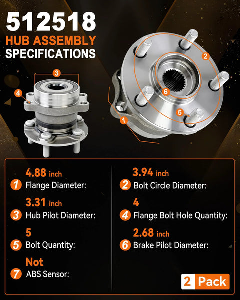 2 Pack Rear Wheel Bearing Hub Assembly 512518 specifications diagram including dimensions and features.