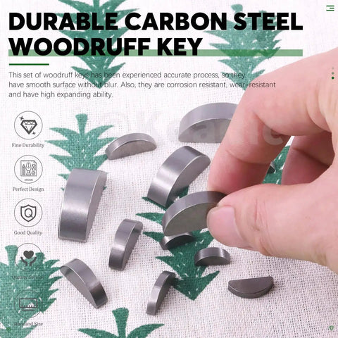 Woodruff Key Assortment Pack 150 Pcs in 15 Metric Sizes Carbon Steel Half Moon Keys for Gear Shafts Pulleys and Cranks displayed on cloth.