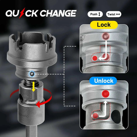 Quick Change 9 Piece Hole Saw Kit Heavy Duty With Tungsten Carbide Cutters For Stainless Steel And Sheet Metal Seven Eighths Inch To Two Inch Fast Arbor Swap With Push And Twist Lock Includes Pilot Drills Hex Key And Spring EZARC showing lock mechanism