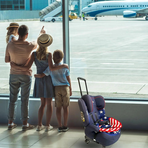 Family at airport window with Car Seat Dolly For Airport Travel Cart With Foldable Luggage Trolley And Strong Wheels