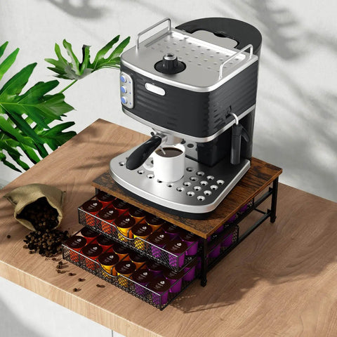 Two Tier K Cup Drawer Organizer For Coffee Pods With 72 Cup Capacity Space Saving Drawer Baskets Sturdy Stackable Coffee Capsule Storage Drawer In Industrial Brown And Black Finish displaying coffee maker on top with K-Cups visible.