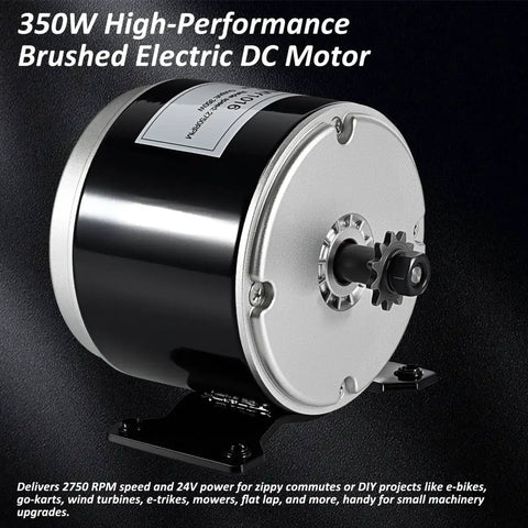 350W 24V Brushed DC Motor for scooters and DIY, side view, black casing, gear section visible, delivers 2750 RPM speed