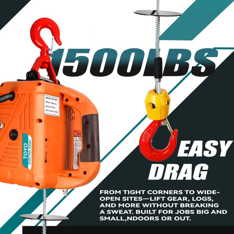 3 In 1 Electric Hoist Winch 1500W 120V 1500 Lb Capacity With Manual Wired Remote