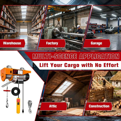 Multi-scene application of a 440 Lbs Electric Hoist With Remote Control 510W Winch 39.4 Ft Lift For Garage in various settings.
