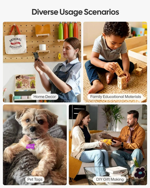 Collage showing diverse usage scenarios: woman with home decor, child with educational blocks, pet with tag, couple with gifts.