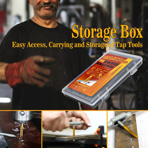 Six Piece Metric Tap Set With Wrench Pro Grade Quality For Metal Aluminum Plastic Wood Includes M2x0.4 M2.5x0.45 M3x0.5 M4x0.7 M5x0.8 M6x1.0 HSS Titanium Plated For Tough Durability In A Handy Storage Box displayed with packaging, showing tap use on metal and wood.