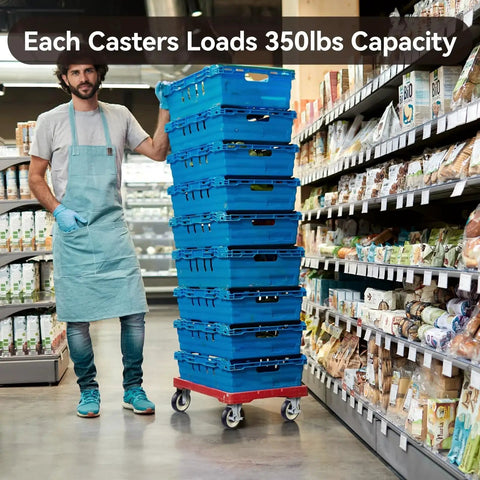 Grocery store worker with stacked blue crates on red dolly with caster wheels labeled 350lbs capacity on aisle floor.