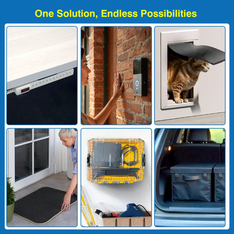 Adhesive hook-and-loop strips under a white shelf securing cables and power cord.
Exterior brick-wall mounting with heavy-duty adhesive hook-and-loop strips and a wall device.
Cat peeking through a window-mounted cat door secured by adhesive hook-and-loop strips.
Person kneeling by sliding glass door; mat secured with adhesive hook-and-loop strips.
Yellow transparent tool storage box mounted on wall with hook-and-loop strips.
Car trunk interior with bags secured by adhesive hook-and-loop strips.