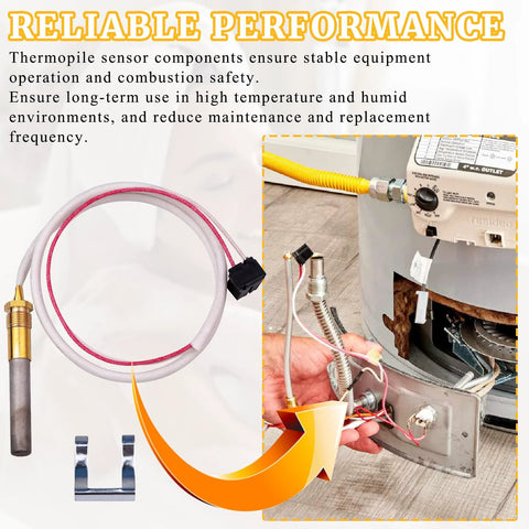 750mV thermopile sensor assembly with red/white insulated wire and connector for water heater pilot burner.
