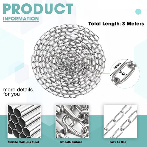 10 Feet SUS304 Stainless Steel Hanging Chain For Home Outdoor Use showing coiled chain, smooth surface, and material details