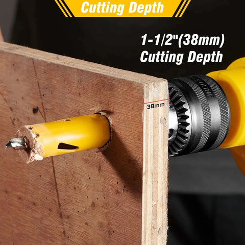 Bi Metal Hole Saw Kit 19 Piece Set M42 Steel With Holes From Three Quarters Inch To Four And Three Quarters Inches in use
