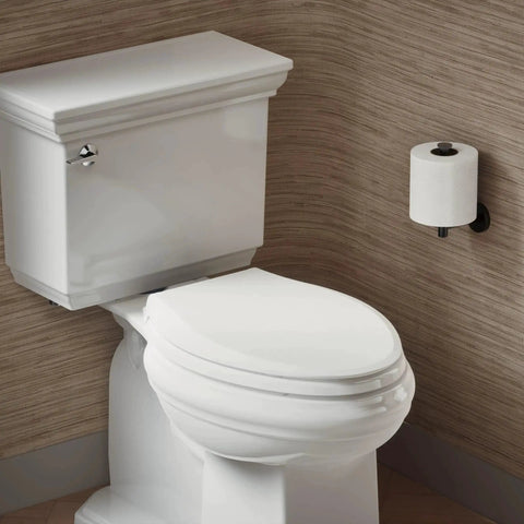 Cachet ReadyLatch Elongated Toilet Seat With Soft Close Lid And Easy Install, shown on an installed elongated toilet