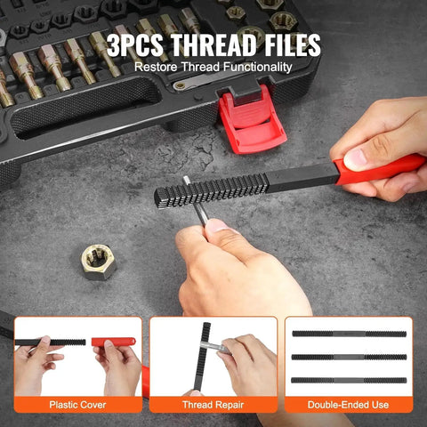 Hands using a file from Premium 61 Piece Thread Restorer Kit With UNC UNF And Metric Thread Chaser Set Includes Thread Files And Storage Case Heat Treated Steel For Mechanics And DIY Enthusiasts For Everyday Shop And Field Work VEVOR