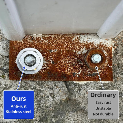 Flat washers, #10 x 0.5 OD, 304 stainless steel (2 washers shown); left anti-rust, right ordinary rust-prone.