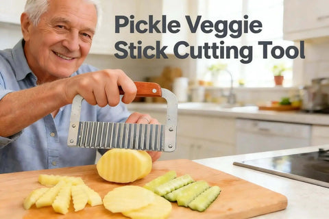 French Fry Slicer With Stainless Steel Blade And Wooden Handle For Crinkle And Waffle Fries Pickles And Veggies Durable Kitchen Knife For Safe Easy Meal Prep And Fun Food Cutting on kitchen countertop.