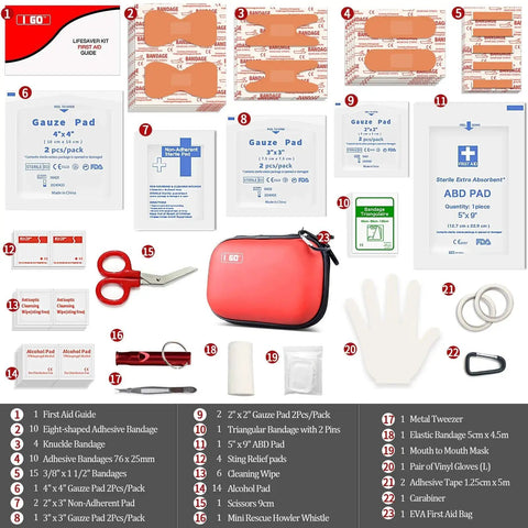 Contents of 85 Piece Hard Shell Mini Compact First Aid Kit For Grab And Go Travel And Outdoor Adventures, including bandages, scissors, and gloves.