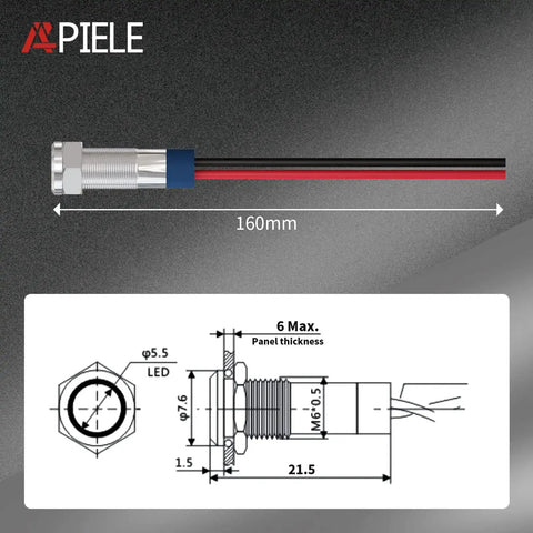 Multicolor 6mm Waterproof Indicator Light Kit with 150mm Wire, 12 to 24V DC LED Signal Lamps, metal, schematic view