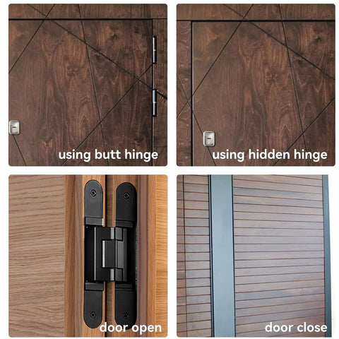 Sleek Hidden Door Hinges Pair 180 Degree Swing Zinc Alloy Concealed Hinge Kit For Solid Doors 176 Lb Load Rating 3 Dim Adjustable Invisible Hinge Set No Fuss Install For 40mm Thick French Doors illustrated in four views