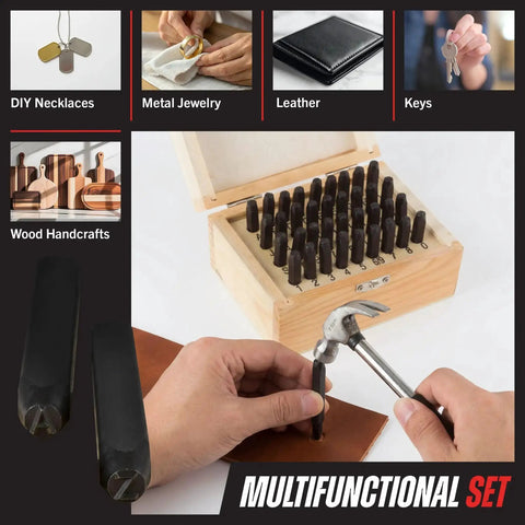 36 Piece Letter And Number Steel Punch Stamp Set With Wood Storage Case for Metal Leather and More, shown in use for DIY crafting