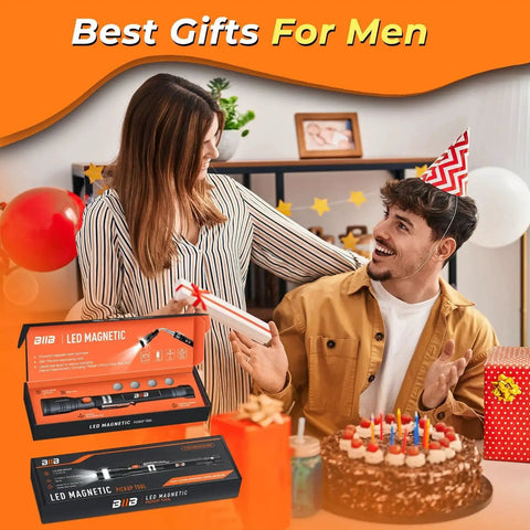 Woman gifting an Extendable Magnetic Pickup Tool With LED Flashlight to a man at a birthday party.
