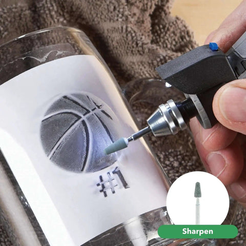 High Performance Rotary Tool Kit With LED Light engraving a basketball design on a glass surface