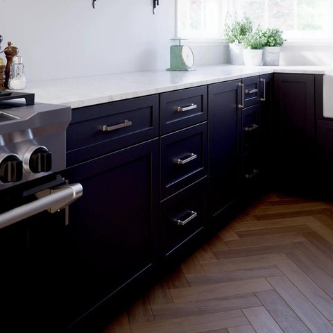 Kitchen cabinets with Brushed Nickel Cabinet Handles 5-1/16 Inch 128mm 10 Pack Recessed Square Drawer Pulls installed.