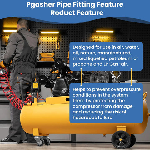 Air compressor system with a yellow wheeled tank; technician in gray coveralls in a workshop, blue feature callouts visible.