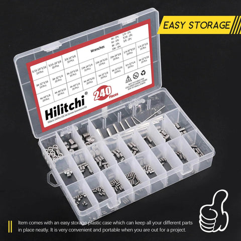240 Piece SAE Stainless Steel Hex Socket Set With 19 Sizes Internal Hex Drive Cup Point Grub Screws Bolts Assortment Kit Including 7 Hex Wrenches, displayed in a plastic organizer case.