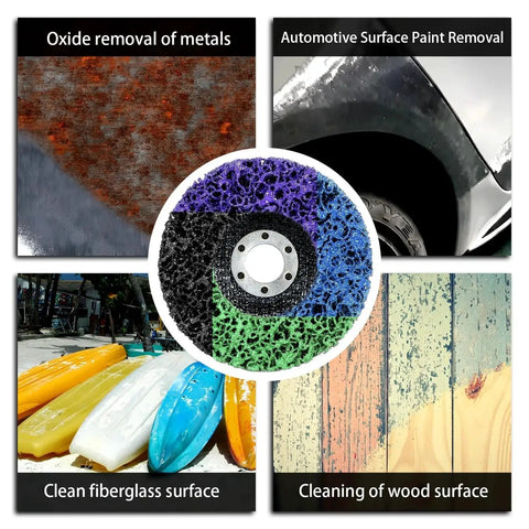 12 Pack Paint Stripper Discs for Angle Grinder 4-1/2 Inch Diameter 7/8 Inch Bore 5/8 Inch Thick Color Coded Heavy Duty Pro Grade Set showing diverse applications.